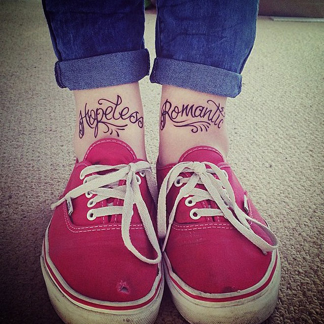 Lovely Hopeless Romantic Words Tattoo On Ankles
