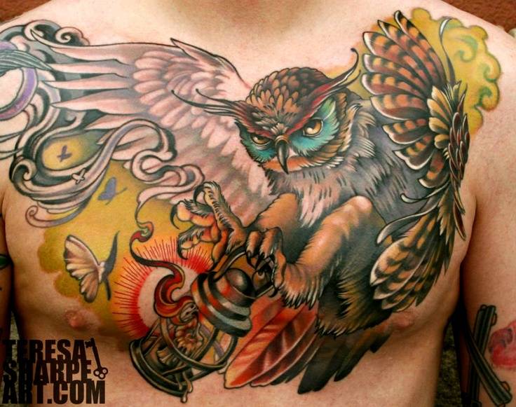 Man Chest Flying Owl Tattoo Idea