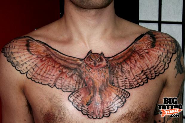 Man Chest Flying Owl Tattoo