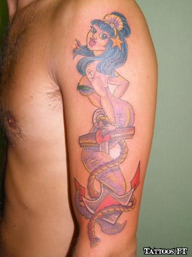 Man Left Half Sleeve Anchor Mermaid Tattoo