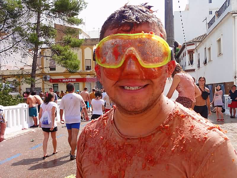 Man Wearing Googles During La Tomatina Festival