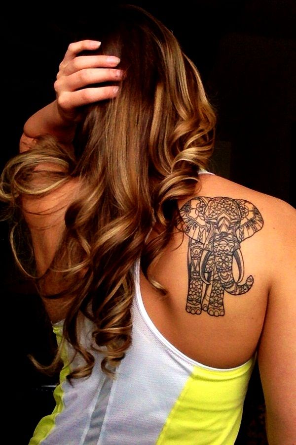 Mandala Elephant Tattoo On Girl Right Back Shoulder
