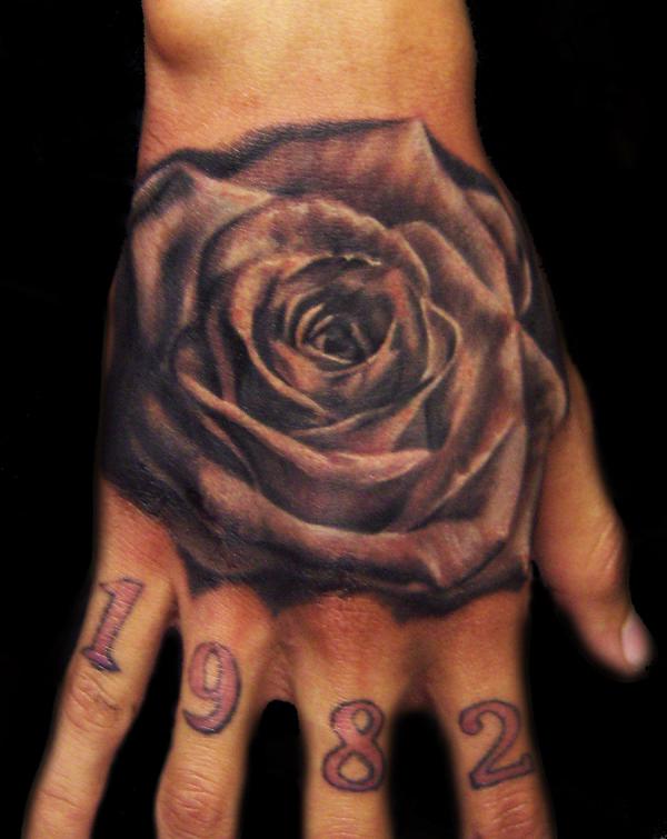 Memorial Grey Rose Hand Tattoo For Women