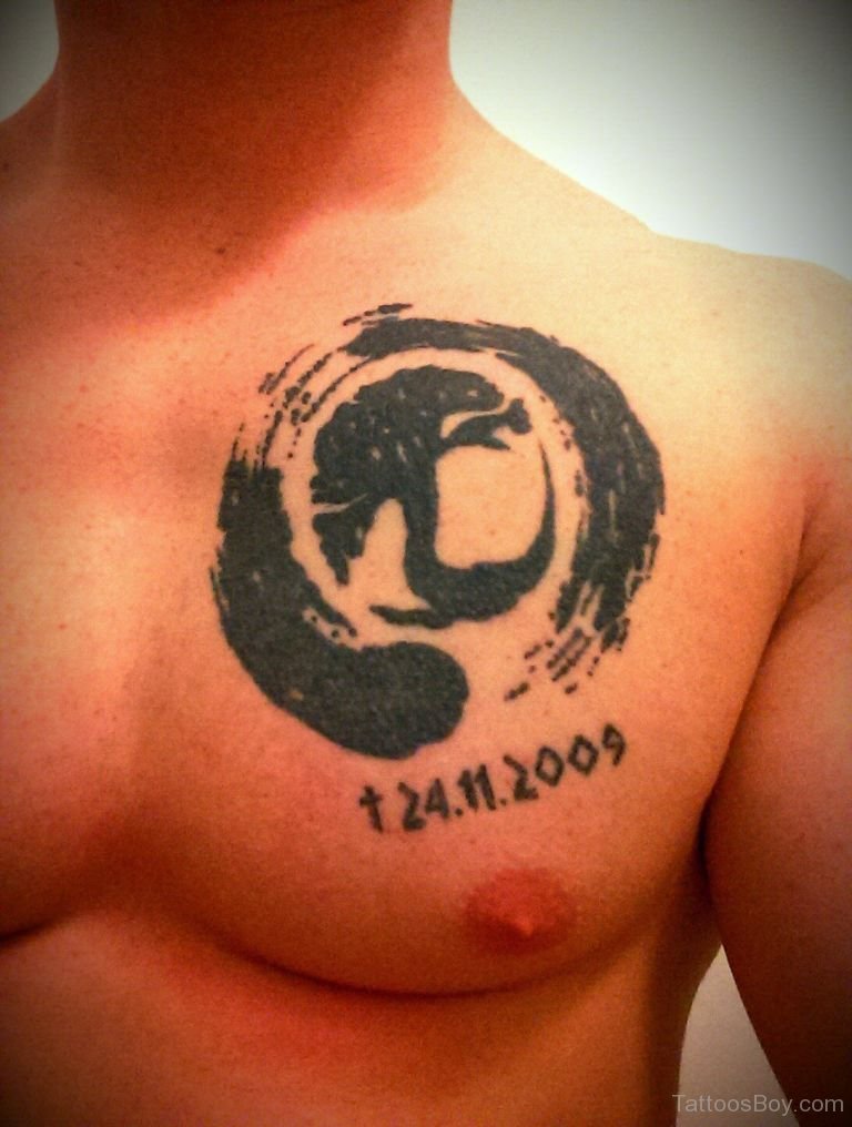 Memorial Zen Circle With Tree Tattoo On Man Left Chest