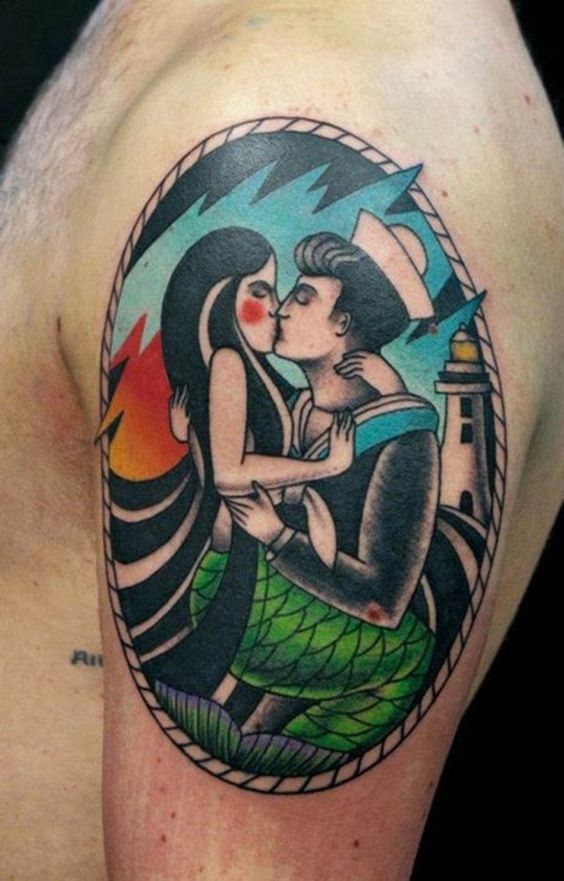 Mermaid Kissing Couple Tattoo On Left Shoulder