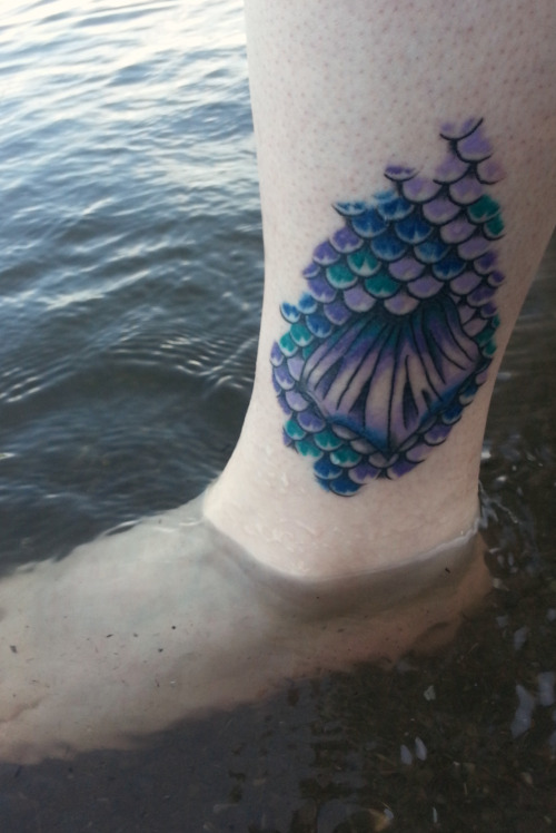 Mermaid Scale Tattoo On Girl Side Leg