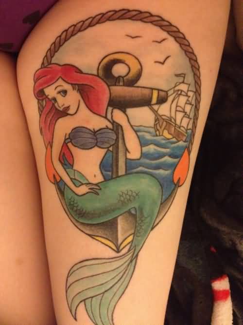 Mermaid Sitting On Anchor Tattoo On Thigh