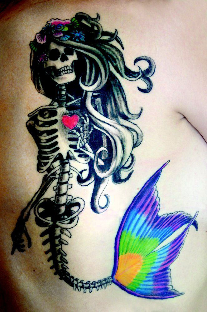 Mermaid Skeleton Tattoo On Side Rib