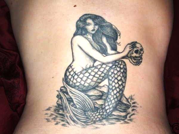 Mermaid With Skull In Hand Tattoo On Back