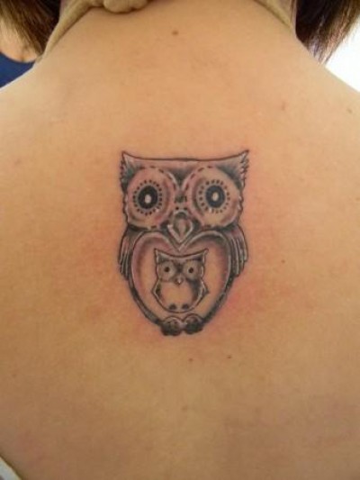 Mom And Baby Owl Tattoo On Upper Back