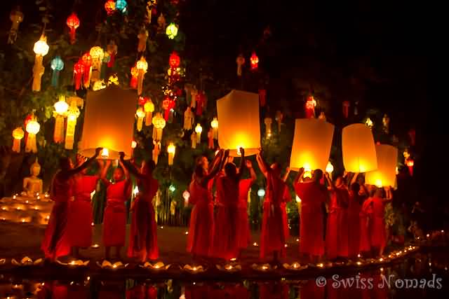 Monks Of Wat Pan Tao Releasing Lanterns During Yi Peng Festival