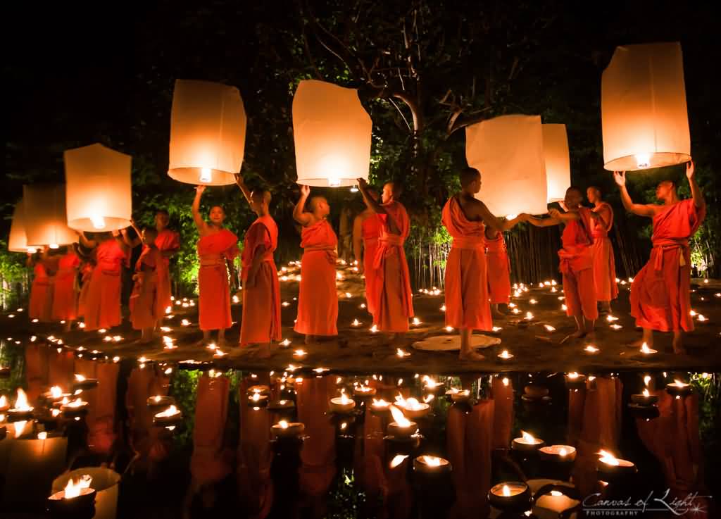 Monks With Lanterns During Yi Peng Lantern Festival