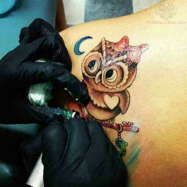 Moon And Baby Owl Tattoo On Left Back Shoulder