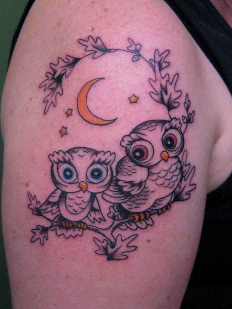 Moon And Owl And Baby Owl Tattoos On Shoulder