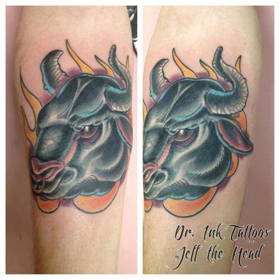 Neo Traditional Bull Tattoo On Shoulder By Jeff The Head