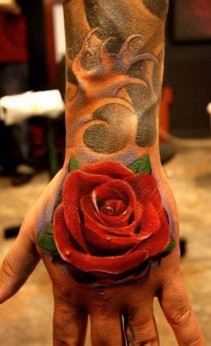 Nice 3D Rose Tattoo On Left Hand For Women