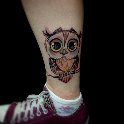 Nice Baby Owl Tattoo On Side Leg
