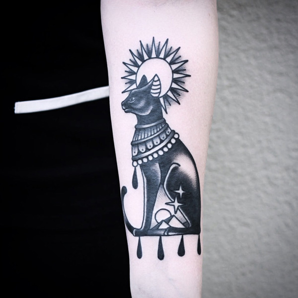 Nice Blackwork Egyptian God Cat With Sun Tattoo On Forearm