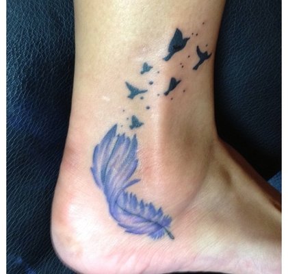 Nice Blue Feather And Flying Birds Tattoo On Ankle