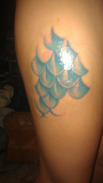 Nice Blue Ink Mermaid Scale Tattoo On Side Thigh