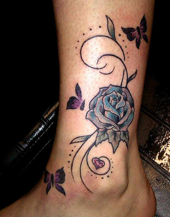 Nice Butterflies Rose Tattoo On Ankle