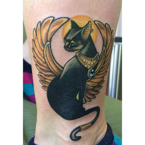 Nice Egyptian Cat With Golden Wings Tattoo On Ankle