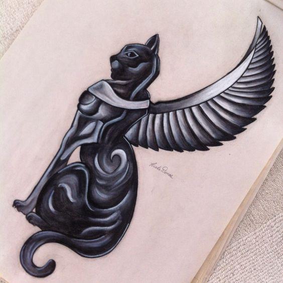 Nice Egyptian Cat With Wings Tattoo Drawing