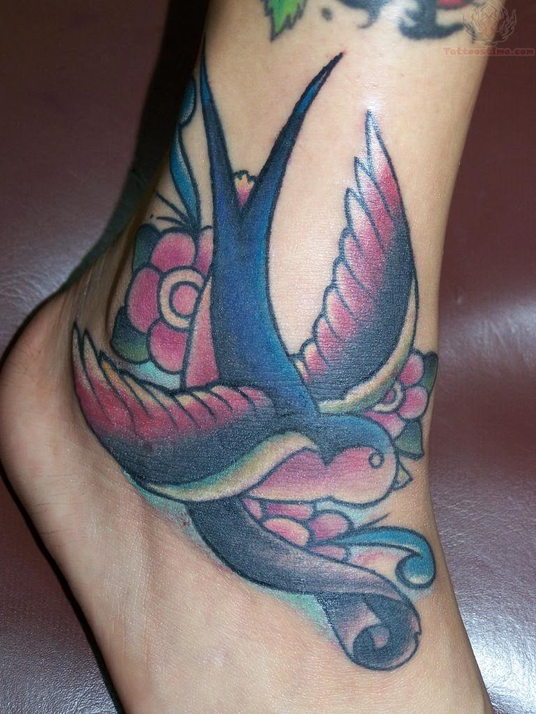 Nice Flowers And Swallow Bird Ankle Tattoo