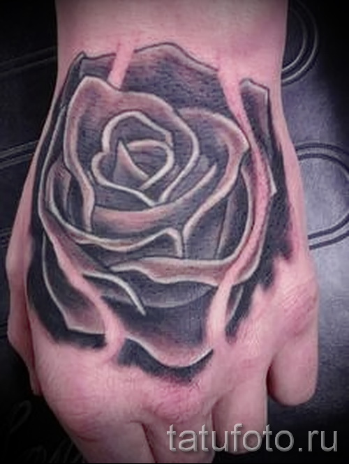 Nice Grey Rose Tattoo On Left Hand