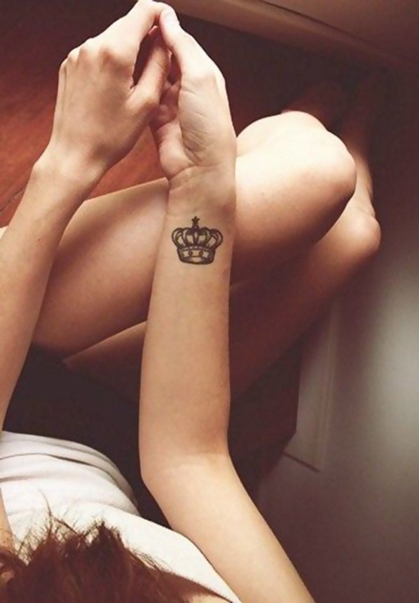 Nice Grey Ink Crown Tattoo On Right Wrist