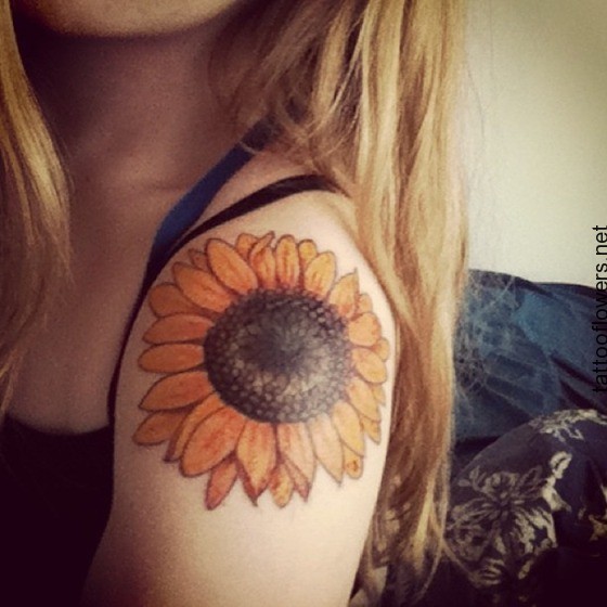 Nice Left Shoulder Realistic Sunflower Tattoo