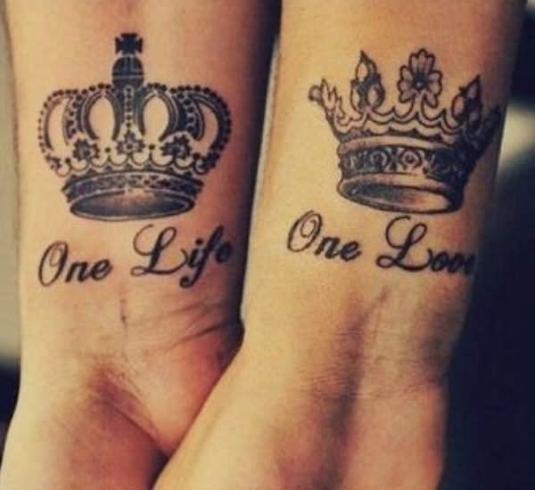 One Life One Love Crown Tattoos On Couple Wrists