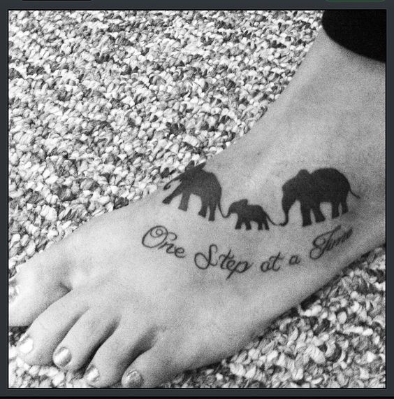One Step At A Time - Black Elephant Family Tattoo On Girl Left Foot