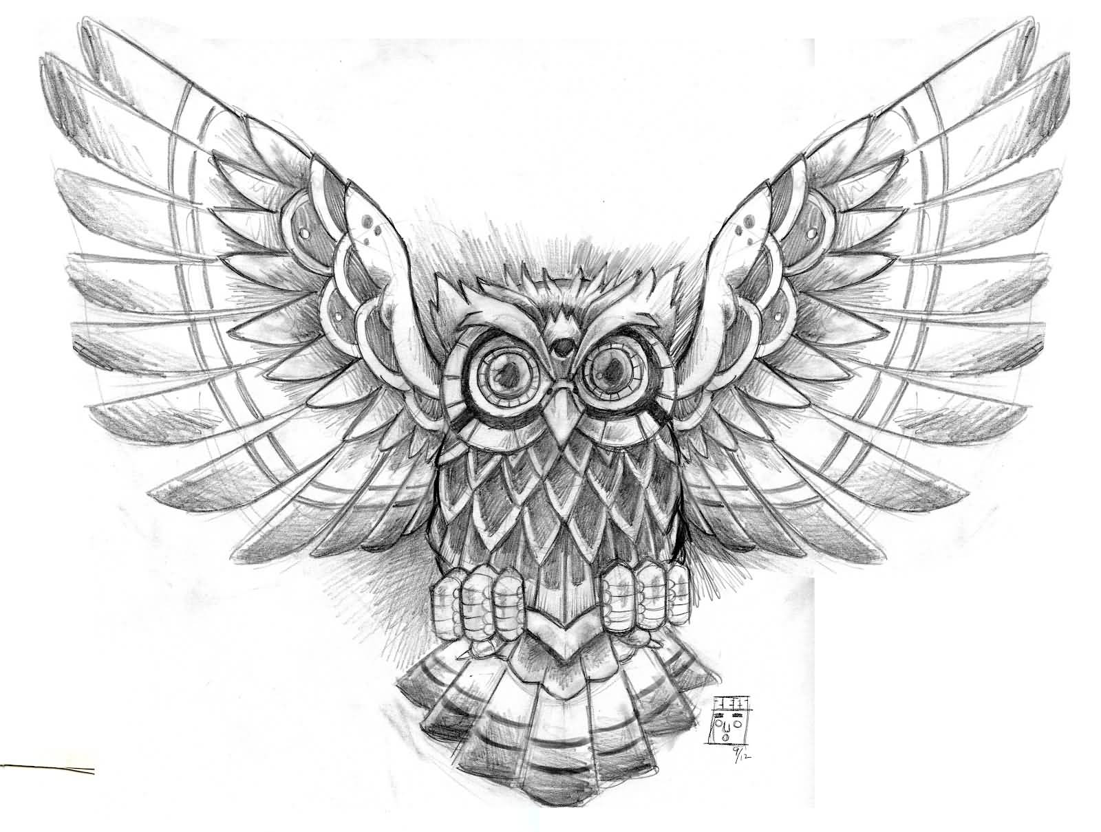 Open Wings Flying Owl Tattoo Design