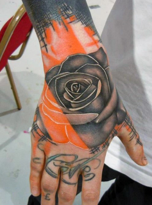 Orange And Grey Rose Tattoo On Man Right Hand