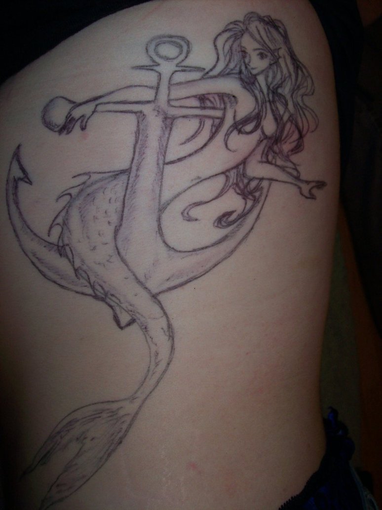 Outline Anchor Mermaid Tattoo On Girl Side Rib