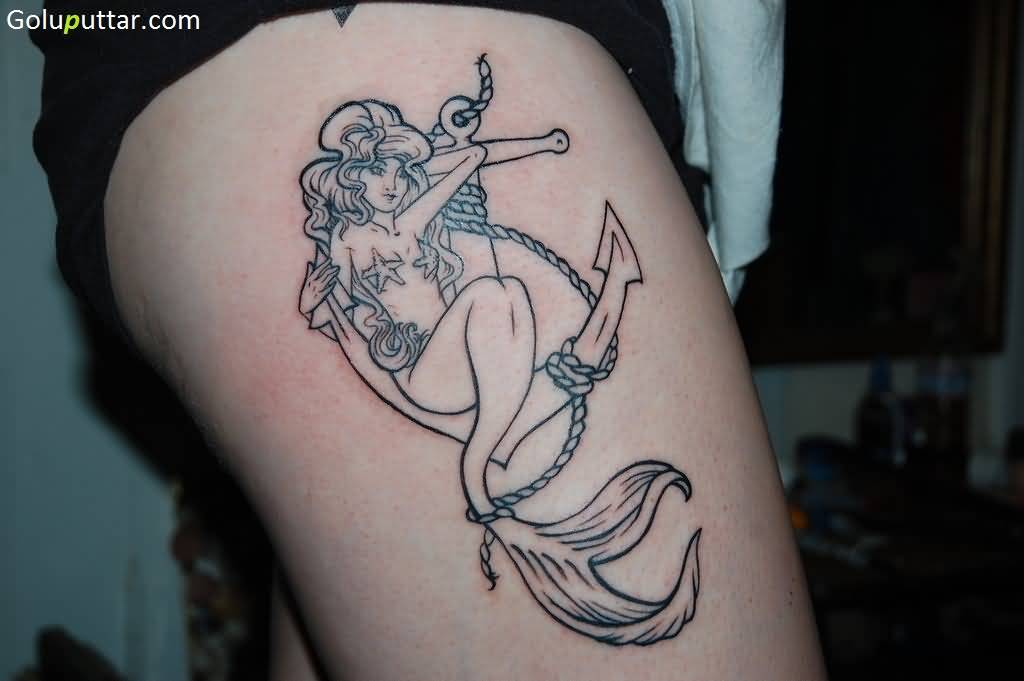 Outline Anchor Mermaid Tattoo On Side Thigh