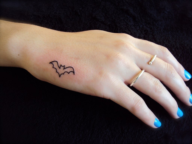 Outline Bat Tattoo On Left Hand For Girls