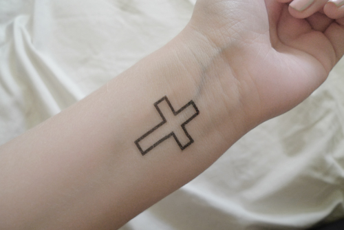 Outline Cross Tattoo On Wrist For Men