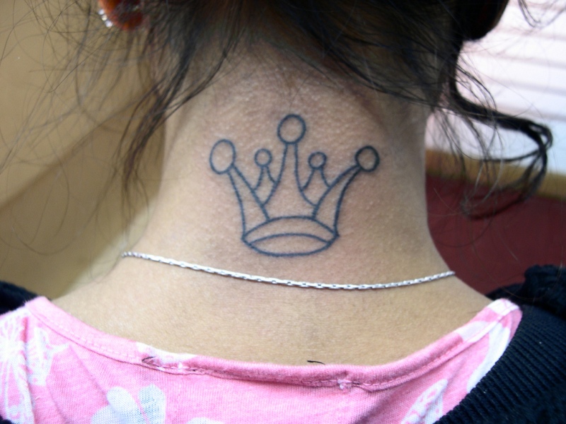 Outline Crown Tattoo On Nape For Girls