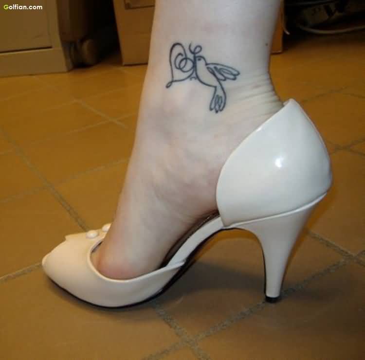 Outline Heart and Bird Tattoo On Ankle