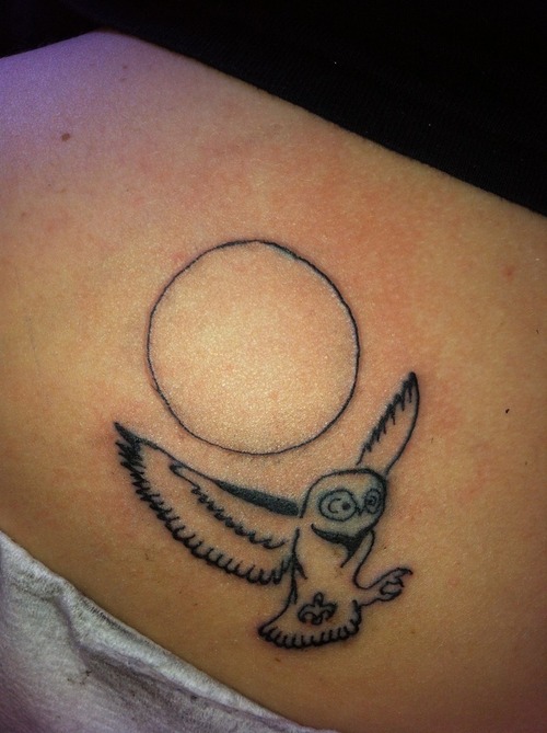 Outline Moon And Flying Owl Tattoo