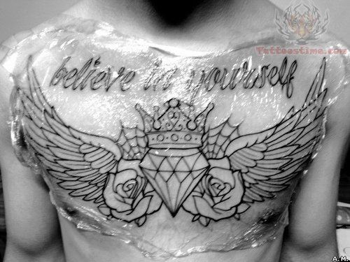Outline Winged Roses And Diamond Crown Tattoo On Chest