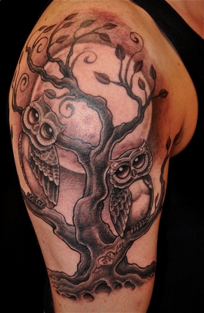 Owl Family Sit On Tree Tattoo On Right Half Sleeve