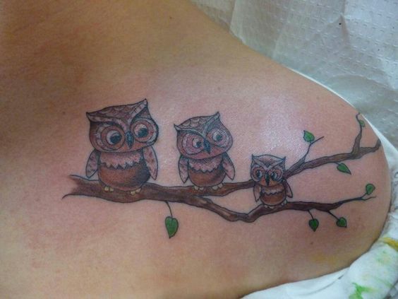 Owl Family Tattoo On Front Shoulder