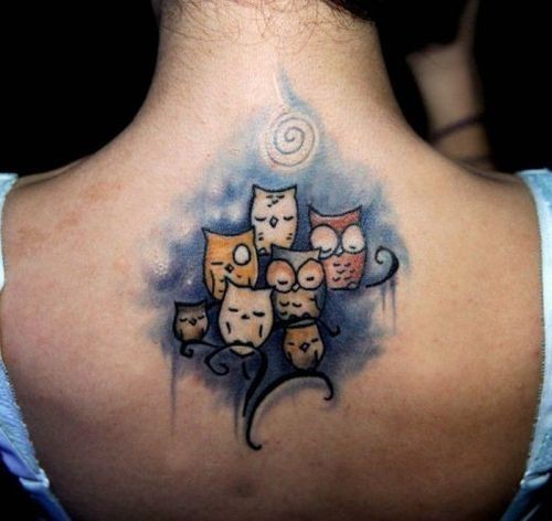 Owl Family Tattoo On Girl Upper Back