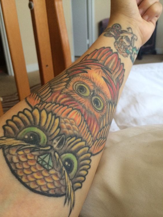 Owl Family Tattoo On Left Forearm