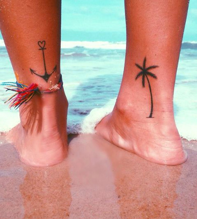 Palm Tree And Anchor Tattoos On Ankle