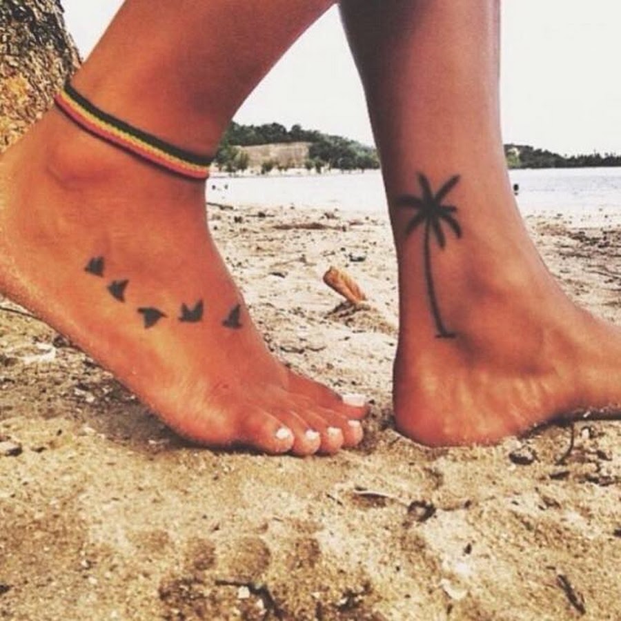 Palm Tree And Flying Birds Tattoos On Ankle For Girls