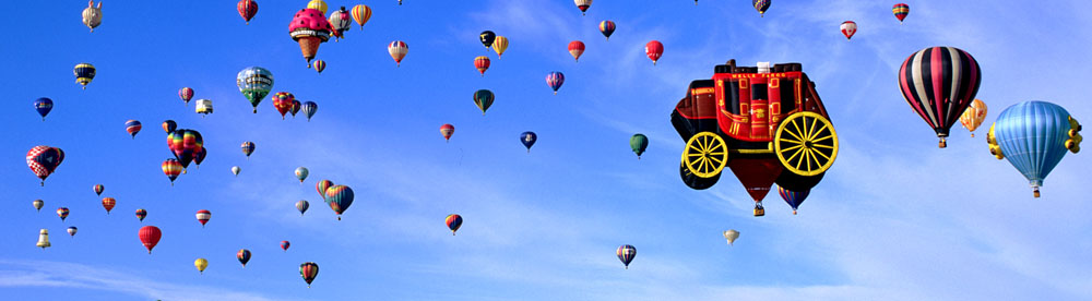 Panorama View Of Hot Air Balloons In The Air During Albuquerque Balloon Festival